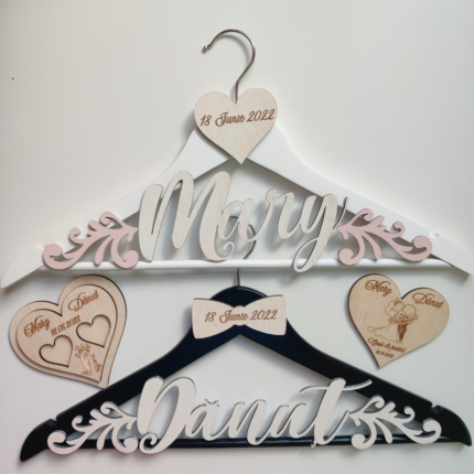 Set doua umerase miri, 1 magnet si 1 cutie verighete, personalizate, pentru nunta, din lemn de plop