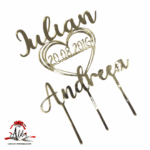 Topper 2 nume suprapuse cu data si inima, cu suport, din plexiglas (acril) oglinda - imagine 3