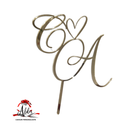 Topper litere „Initiale caligrafice” + inimioara, cu suport, din plexiglas (acril) oglinda