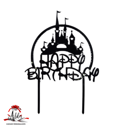 Topper castel Disney "Happy Birthday", cu suport, din plexiglas (acril) colorat