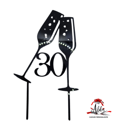 Topper tip pahare sampanie si numar aniversar, cu suport, din plexiglas (acril) colorat