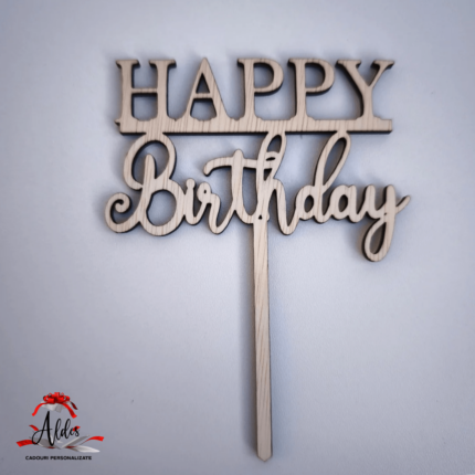 Topper "Happy Birthday", cu suport, din lemn de plop