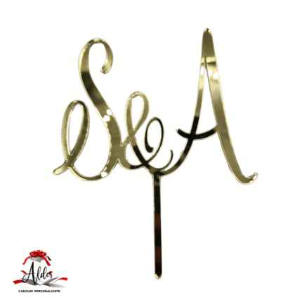Topper litere "initiale caligrafice" , cu suport, din plexiglas (acril) oglinda