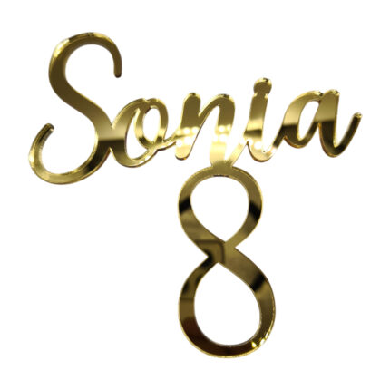 Topper "Nume caligrafic+Vârstă", fără suport, din plexiglas (acril) oglindă colorată