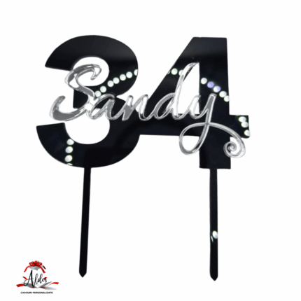 Topper „Nume + vârstă”, cu suport, din plexiglas dublat (acril) oglindă (colorată)