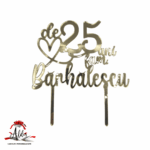 Topper tip "Nume familie și Ani", cu suport, din plexiglas (acril) oglindă